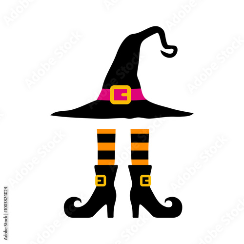Logo con sombrero de bruja con piernas con botas y medias para tarjetas y felicitaciones de Halloween