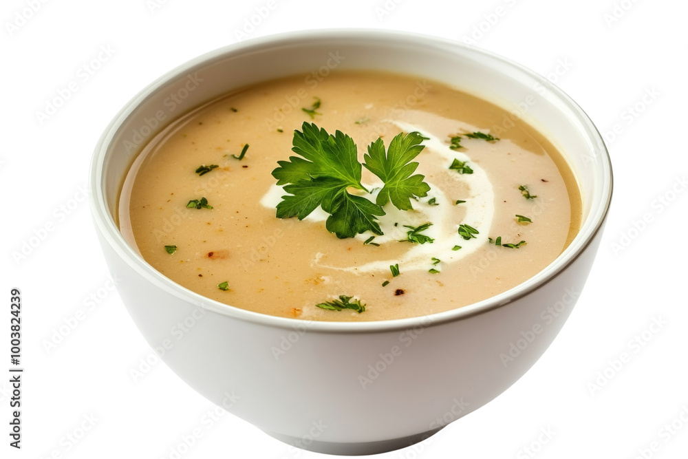 Creamy crab bisque with a swirl of cream and fresh parsley garnish ,Isolated on transparent background Creamy crab bisque with a swirl of cream and fresh parsley garnish ,Isolated on transparent background