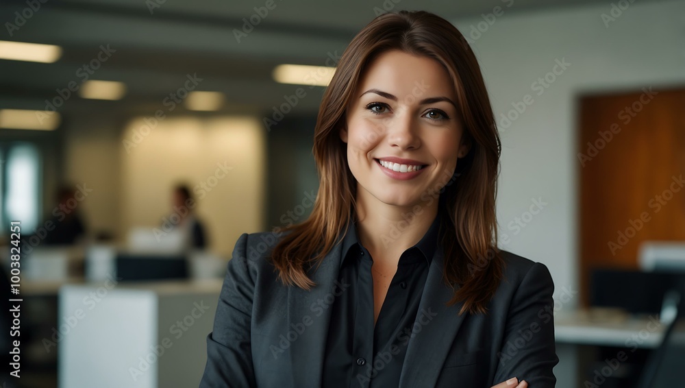 Confident businesswoman posing in a modern office environment. Confident businesswoman posing in a modern office environment.