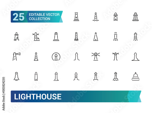 Lighthouse line icons set. Outline icon set of Nautical, Coastal, Direction and more. Vector icon for web and ui design, Editable stroke. Vector illustration.