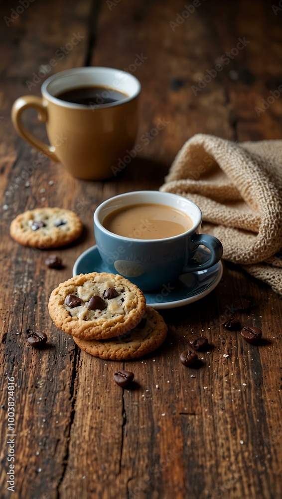 Cookies paired with coffee on a rustic wooden table for a cozy treat. Cookies paired with coffee on a rustic wooden table for a cozy treat.