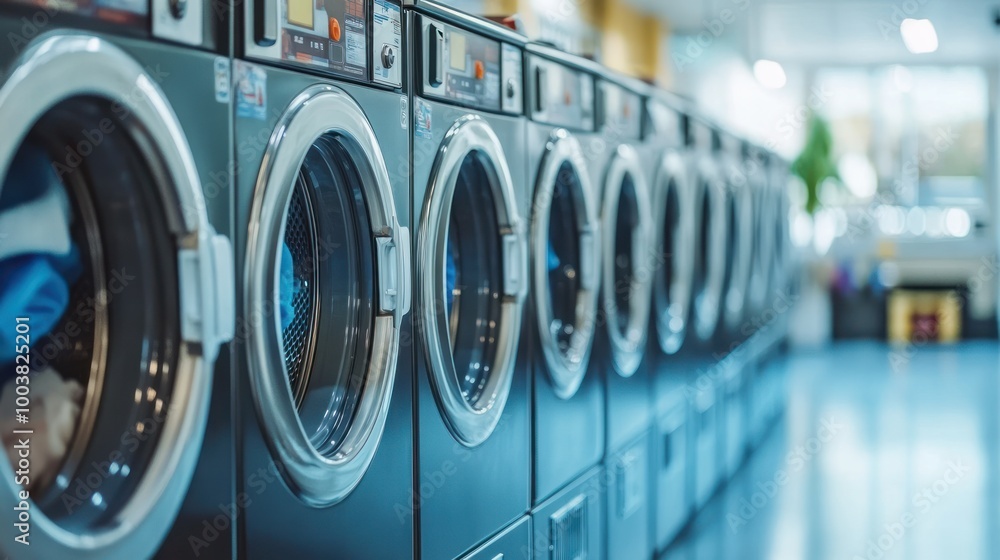 A row of modern washing machines in a laundromat, showcasing a clean and organized space. A row of modern washing machines in a laundromat, showcasing a clean and organized space.