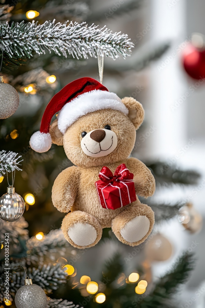 A bear ornament dons a Christmas tree, wearing a red and white hat A bear ornament dons a Christmas tree, wearing a red and white hat