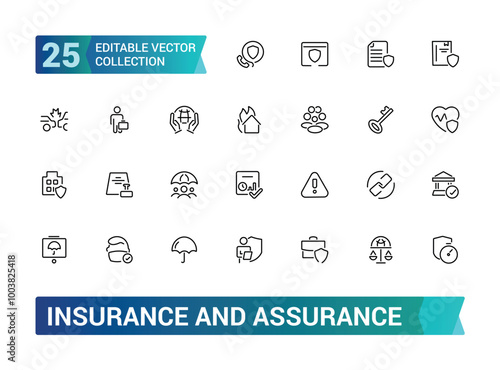 Insurance line icon set. Assurance icons for web and mobile app. Life, property, Protection of health, car, home and more.  Editable stroke. Vector illustration.