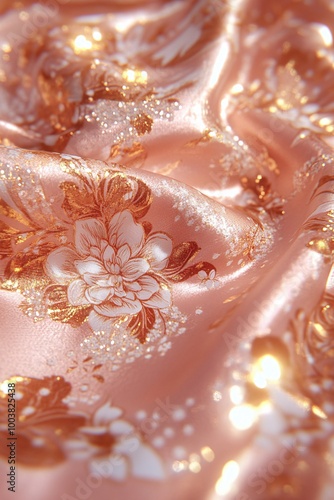 Elegant satin fabric with floral patterns, shimmering in soft peach colors, perfect for fashion and interior design projects. photo