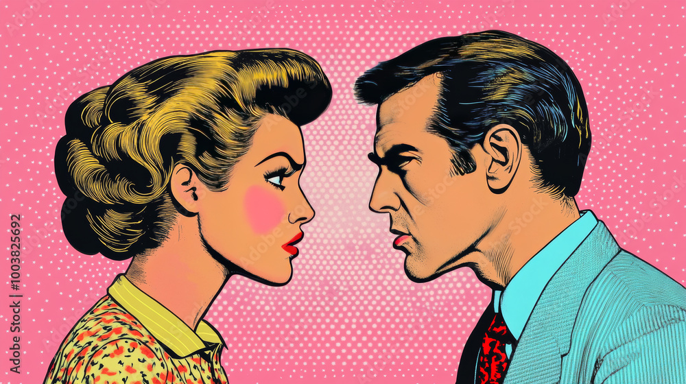 Abusive relationships in a couple in which formality is important. Infringement of human desires. A woman forces a man to marry her. Pop Art Retro Vector Illustration Kitsch Vintage 50s 60s Style. Abusive relationships in a couple in which formality is important. Infringement of human desires. A woman forces a man to marry her. Pop Art Retro Vector Illustration Kitsch Vintage 50s 60s Style.