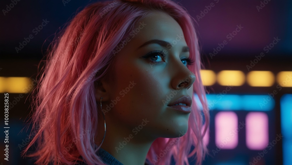 Close-up of a woman with pink hair under neon lights. Close-up of a woman with pink hair under neon lights.