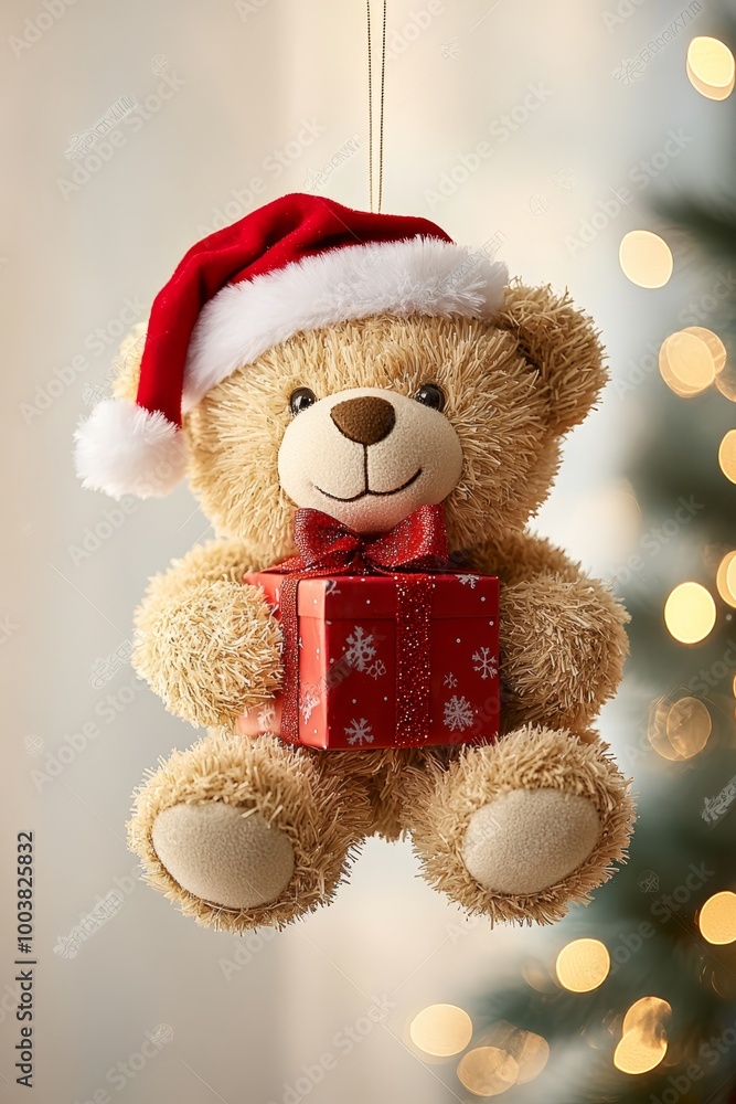 A brown bear dons a Santa hat, holding a red box with a dangling red bow via string A brown bear dons a Santa hat, holding a red box with a dangling red bow via string