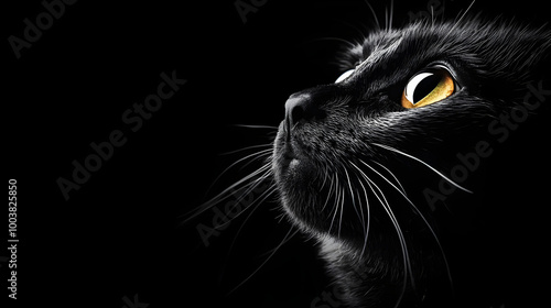 striking black cat gazes into darkness, its glowing yellow eyes captivating and mysterious. contrast of its sleek fur against dark background creates enchanting atmosphere