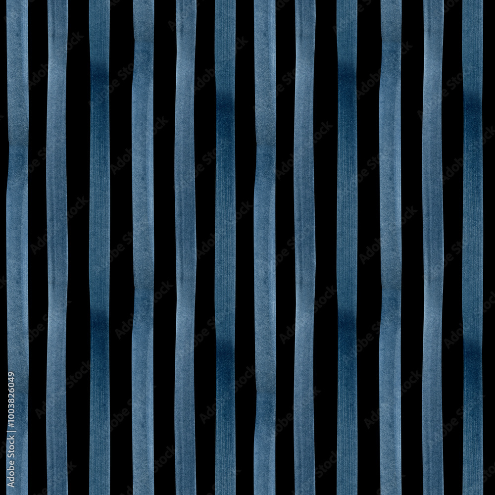 Hand painted watercolor blue indigo striped on black background. Stripe seamless pattern. For fabric, sketchbook, wallpaper, wrapping paper. bags, cards, banner. Stripes vertical illustration. Hand painted watercolor blue indigo striped on black background. Stripe seamless pattern. For fabric, sketchbook, wallpaper, wrapping paper. bags, cards, banner. Stripes vertical illustration.