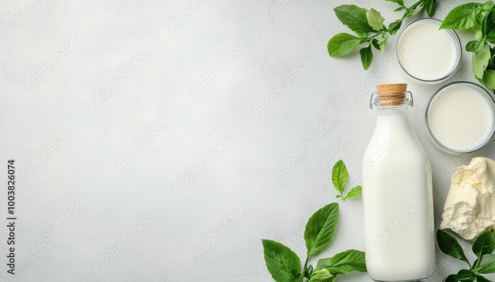 Fresh dairy products arranged with green leaves on a light background. Fresh dairy products arranged with green leaves on a light background.