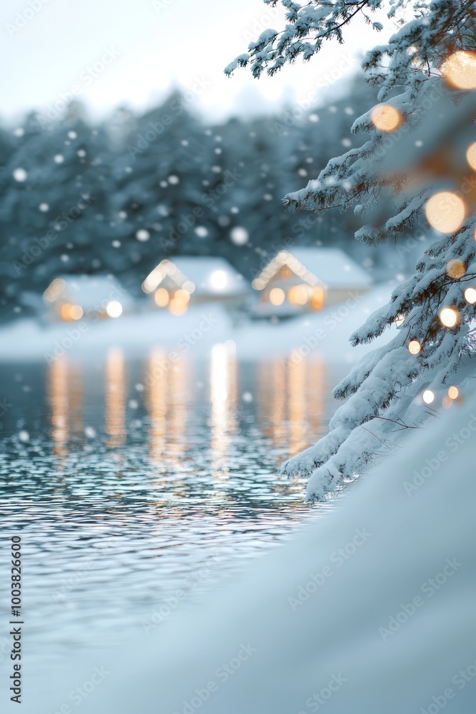 Fototapeta premium reflections of lights on water, house in foreground beside the lake