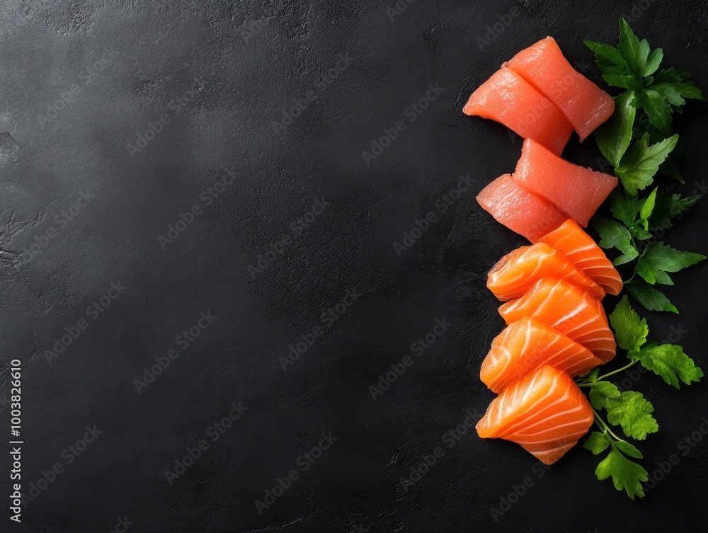 Fresh salmon and tuna sashimi with green herbs on a dark surface. Fresh salmon and tuna sashimi with green herbs on a dark surface.