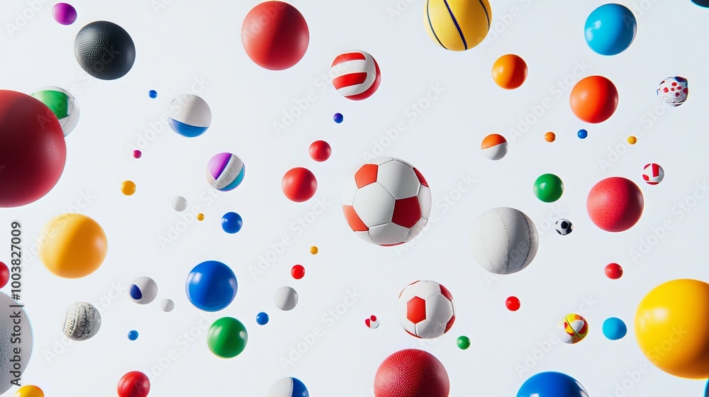 Various sports balls, spanning multiple disciplines, are depicted mid-air amidst a pristine white backdrop. Various sports balls, spanning multiple disciplines, are depicted mid-air amidst a pristine white backdrop.