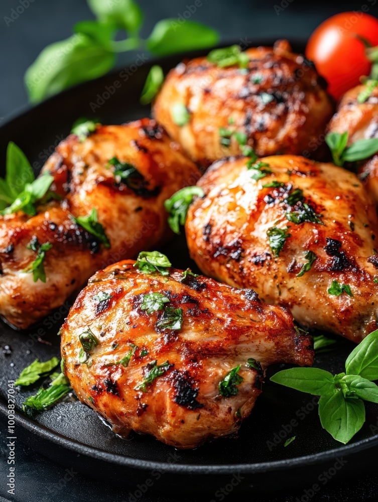 Grilled chicken thighs with herbs and spices on a black plate, surrounded by fresh basil and tomatoes, creating a delicious presentation. Grilled chicken thighs with herbs and spices on a black plate, surrounded by fresh basil and tomatoes, creating a delicious presentation.