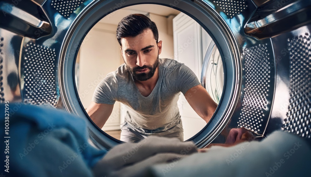 Man Doing Laundry Reaching Inside Washing Machine Man Doing Laundry Reaching Inside Washing Machine
