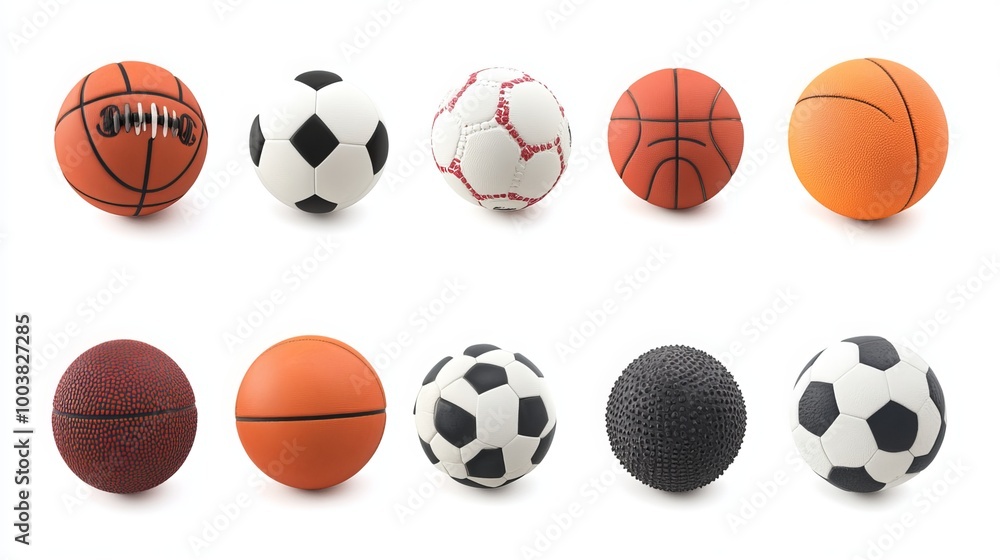 Various sports balls, such as basketball, football, soccer ball, and tennis ball, isolated on a white background. This set of sports equipment showcases balls used in popular games and activities. Various sports balls, such as basketball, football, soccer ball, and tennis ball, isolated on a white background. This set of sports equipment showcases balls used in popular games and activities.