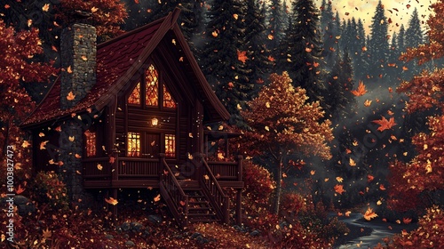 A cozy cabin nestled in a vibrant autumn forest, surrounded by falling leaves and warm hues, perfect for a tranquil escape.