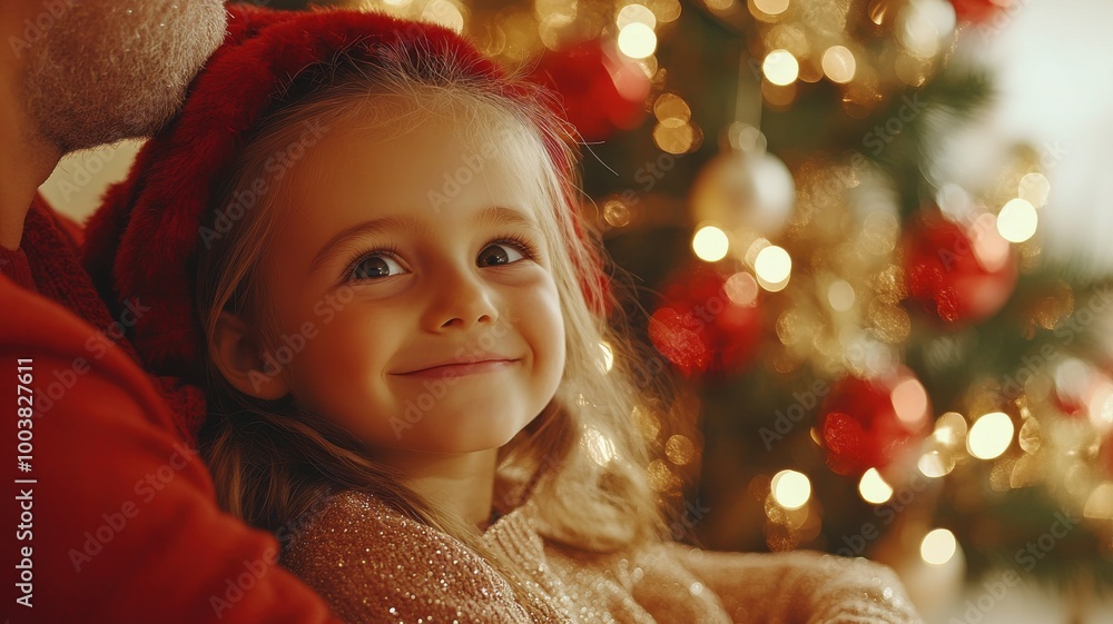 Happy child in festive attire sitting by a decorated Christmas tree. Happy child in festive attire sitting by a decorated Christmas tree.