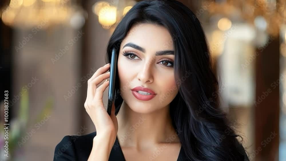A woman in a stylish black outfit talking on her smartphone in an elegant indoor setting illuminated by warm lights A woman in a stylish black outfit talking on her smartphone in an elegant indoor setting illuminated by warm lights