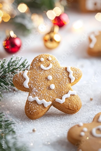  A tight shot of a ginger cookie, adorned with icing, atop a table surrounded by Christmas decorations and twinkling lights