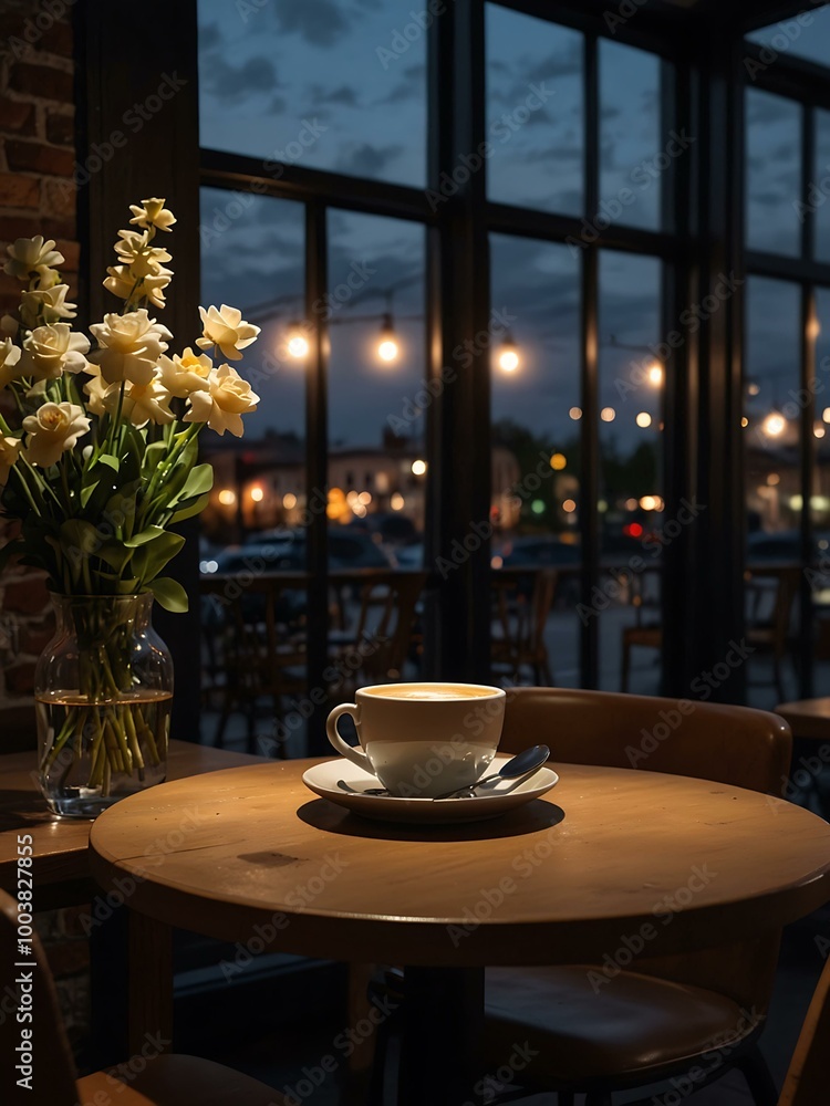 Cozy night scene at a cafe with coffee and flowers. Cozy night scene at a cafe with coffee and flowers.