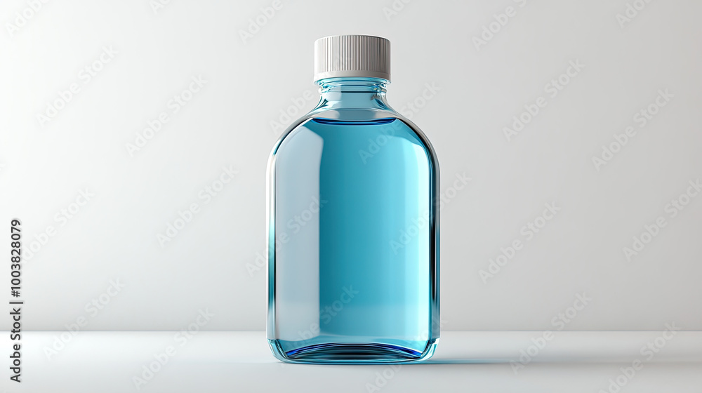 Blue liquid in a clear bottle with a white cap, isolated on a light background. Blue liquid in a clear bottle with a white cap, isolated on a light background.