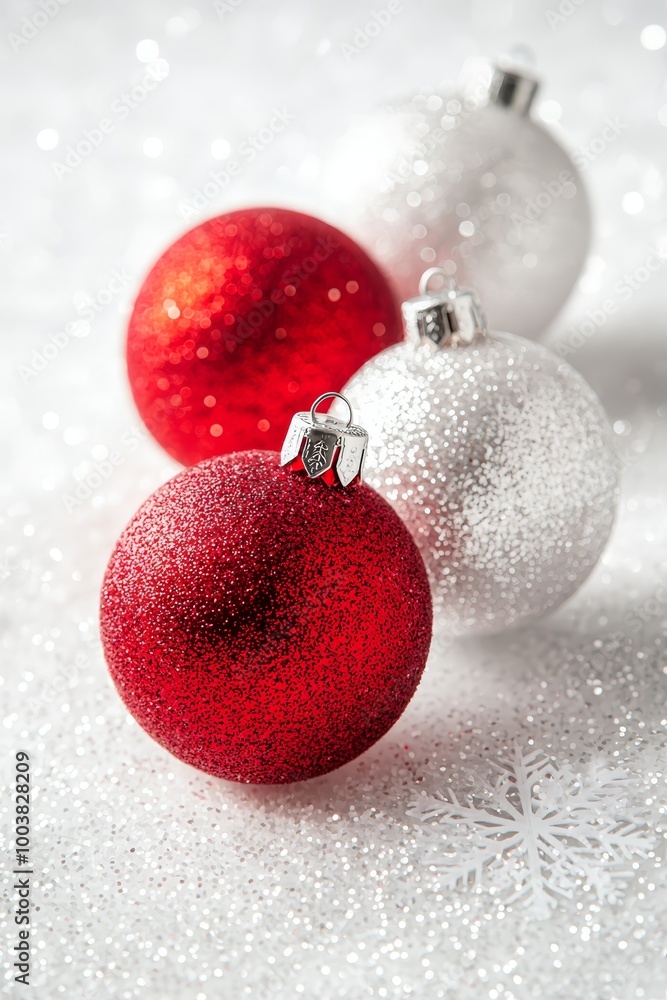 Red and white ornaments atop a snow-covered ground, surrounded by falling snowflakes Red and white ornaments atop a snow-covered ground, surrounded by falling snowflakes