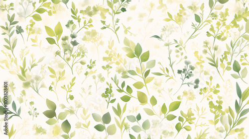 Whimsical Watercolor Botanical Pattern: Delicate green and yellow watercolor leaves and branches create a vibrant and airy pattern, perfect for adding a touch of nature to your designs. 