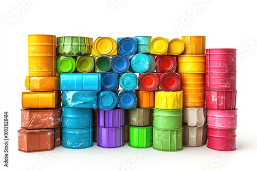 Colorful plastic barrels stacked in various arrangements on a white background.