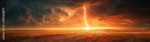 Dramatic Lightning Strike in a Golden Field During a Stormy Sunset with Dark Clouds