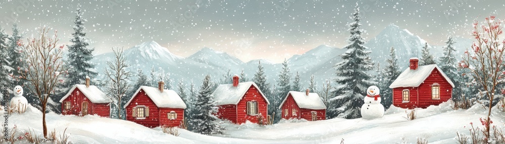 Charming Winter Village Scene with Red Cabins, Snow-Covered Trees, and Snowman in a Serene Mountain Landscape Charming Winter Village Scene with Red Cabins, Snow-Covered Trees, and Snowman in a Serene Mountain Landscape