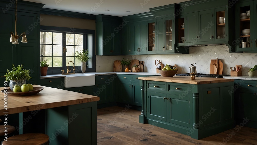 Dark green kitchen cabinets with island and sink. Dark green kitchen cabinets with island and sink.