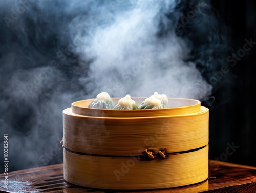 Steaming dim sum in a bamboo steamer, surrounded by swirling steam, creating an appetizing and inviting atmosphere.