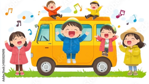 Happy children enjoying music and fun around a yellow van on a sunny day.