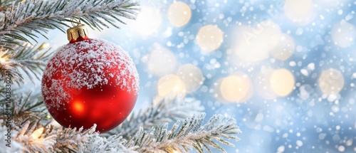  A red ornament dangles from a Christmas tree against a backdrop of snowflakes and twinkling lights