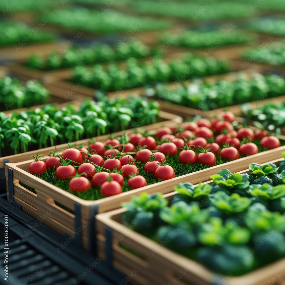 Vibrant seedlings and ripe tomatoes arranged in wooden trays, showcasing a thriving garden setup. Vibrant seedlings and ripe tomatoes arranged in wooden trays, showcasing a thriving garden setup.