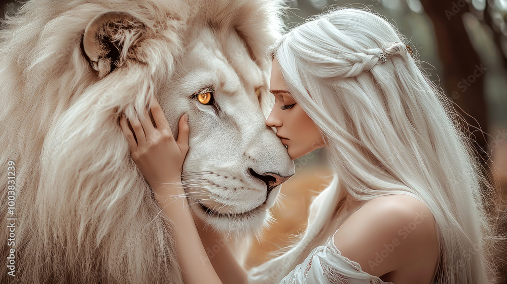 portrait of a woman with white lion portrait of a woman with white lion