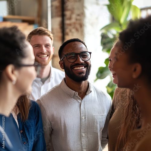 A varied and inclusive team of office colleagues beams with joy at a team-building workshop.