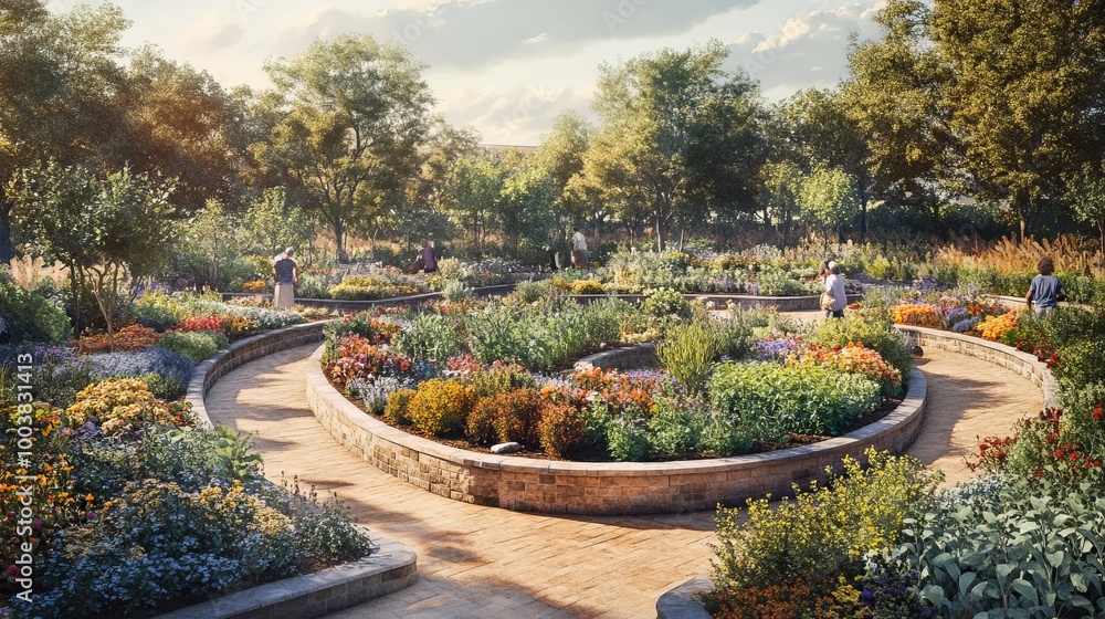 Obraz premium Gardeners in a lush community garden, organized in a perfect circle, each section blooming with different herbs and vegetables, under the soft glow of a late afternoon sun.