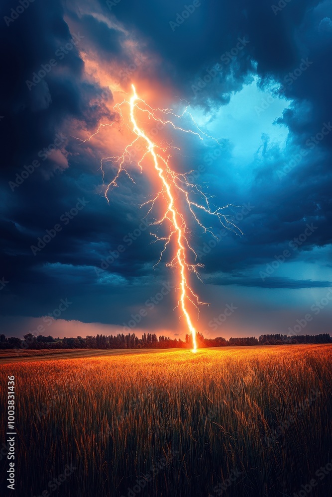 Fototapeta premium Dramatic Lightning Strike in a Stormy Sky Over a Golden Wheat Field at Dusk
