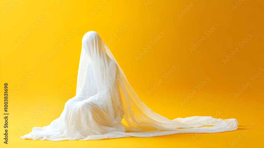 ghost figure draped in white fabric sits against bright yellow background, creating striking ghost figure draped in white fabric sits against bright yellow background, creating striking