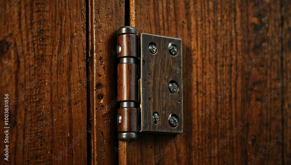 Detailed close-up of a cabinet door hinge against rich wood grain. Detailed close-up of a cabinet door hinge against rich wood grain.