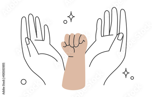 parents hands holding child hand clenched in fist