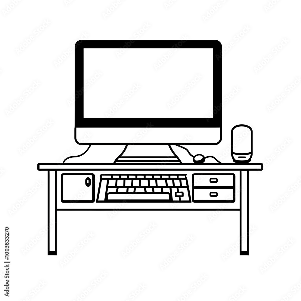 desk with desktop computer and houseplant