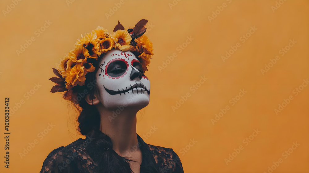 striking Halloween themed portrait featuring person with sugar skull makeup and floral crown striking Halloween themed portrait featuring person with sugar skull makeup and floral crown