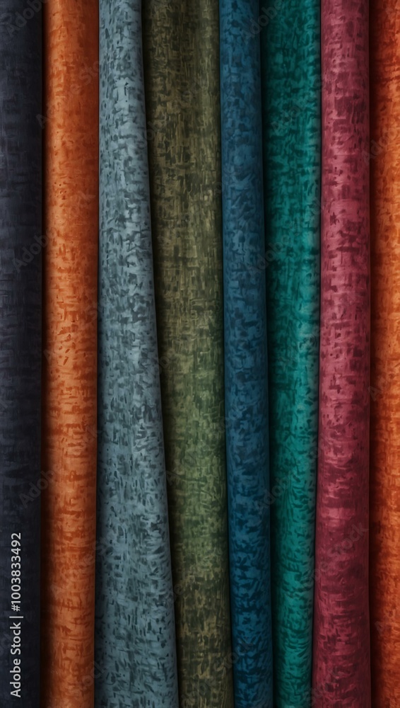 Display of hand-dyed textured fabrics in various colors. Display of hand-dyed textured fabrics in various colors.
