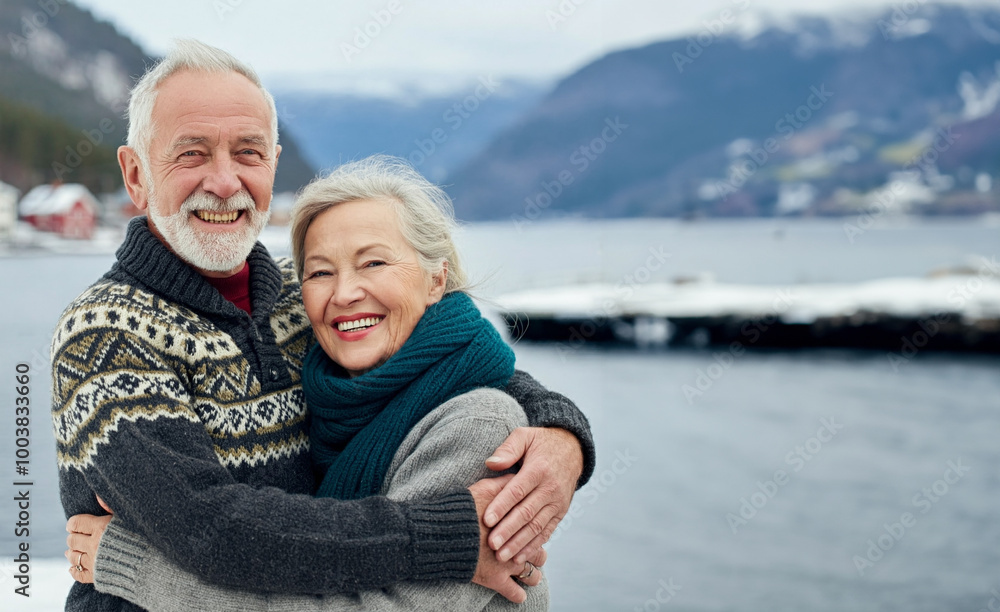 Portrait of happy scandinavian senior couple embracing each other in front of the nordic winter sea
Portrait of happy scandinavian senior couple embracing each other in front of the nordic winter sea