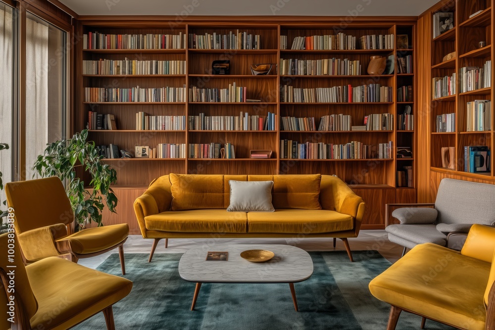 Modern mid-century family seating area with tall book cabinet Modern mid-century family seating area with tall book cabinet