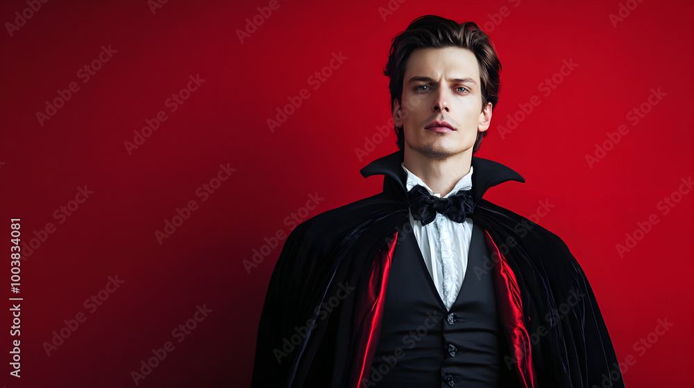Obraz premium man in vampire costume poses confidently against red background